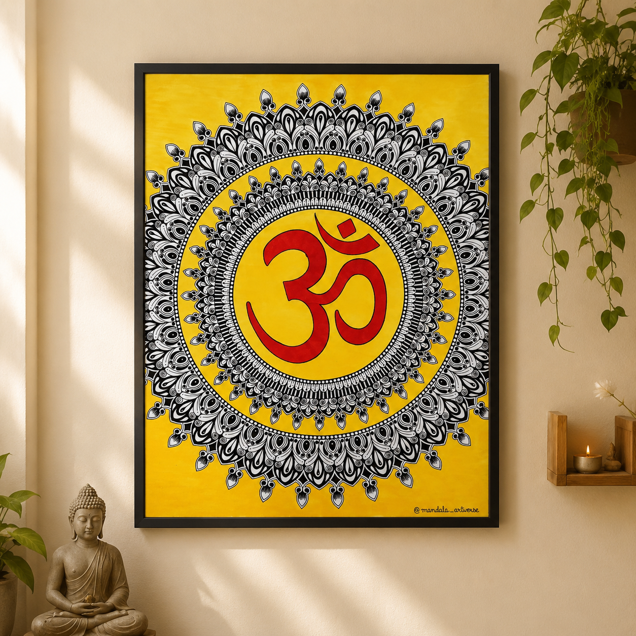 Yellow Om mandala framed on a wall