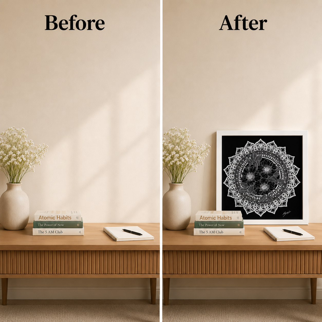 Before and after showing a mandala transforming an interior space