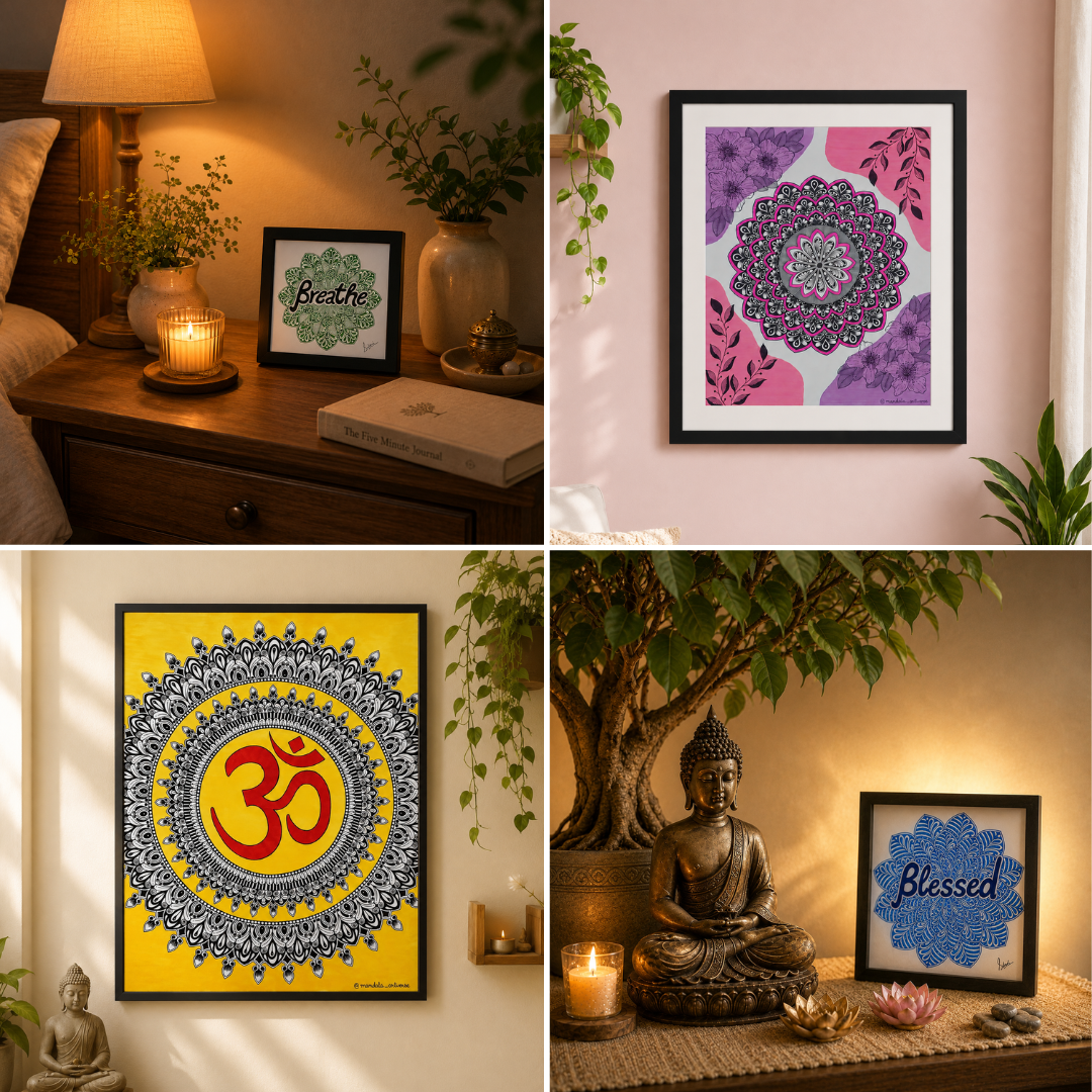 Collection of mandala artworks styled in different interiors